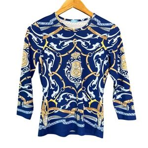 J. McLaughlin XS Top Nautical‎ Print 3/4 Sleeve Blue Gold Belt Chain Coastal